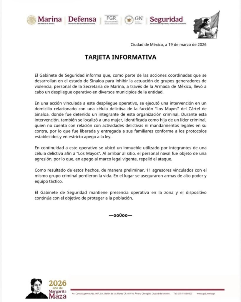 Comunicado de la Marina sobre el operativo en Sinaloa