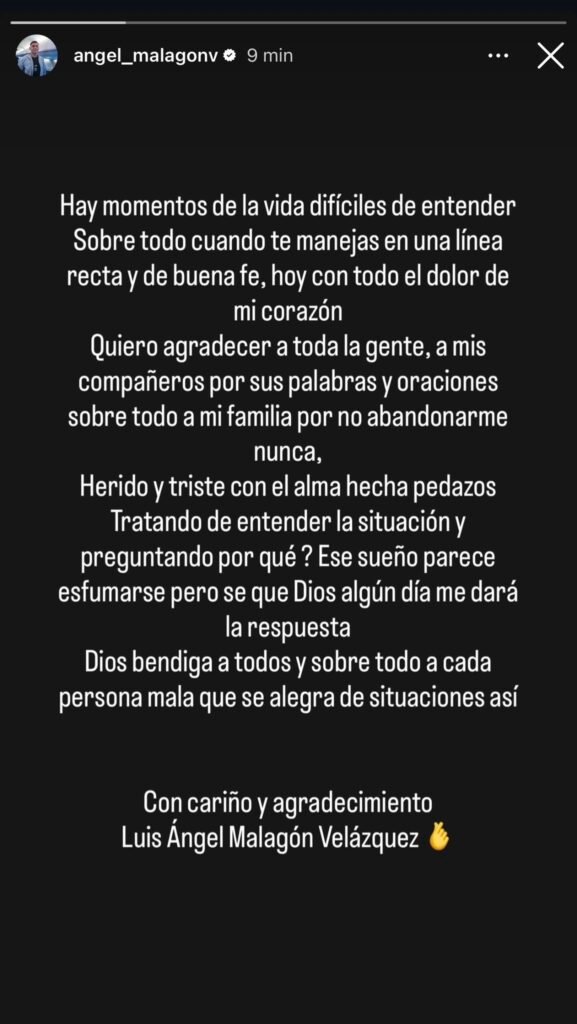 Mensaje de Ángel Malagón en sus redes sociales 
