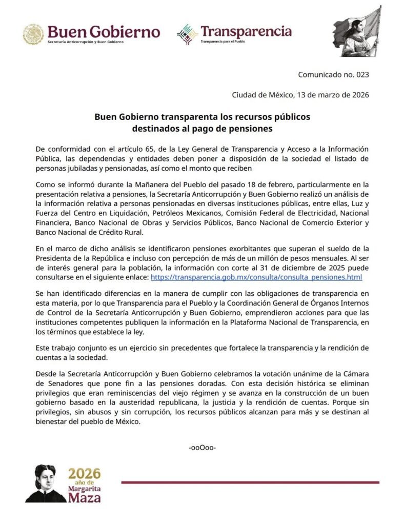 Comunicado sobre las pensiones doradas