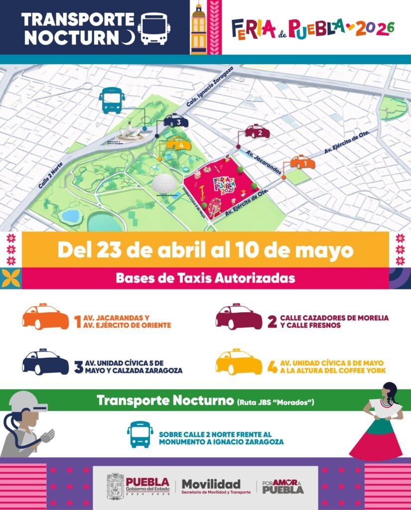Bases de taxis y rutas del transporte nocturno de la Feria de Puebla 2026
